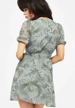 Sapphira Dragon Print Chiffon Mini Wrap Dress