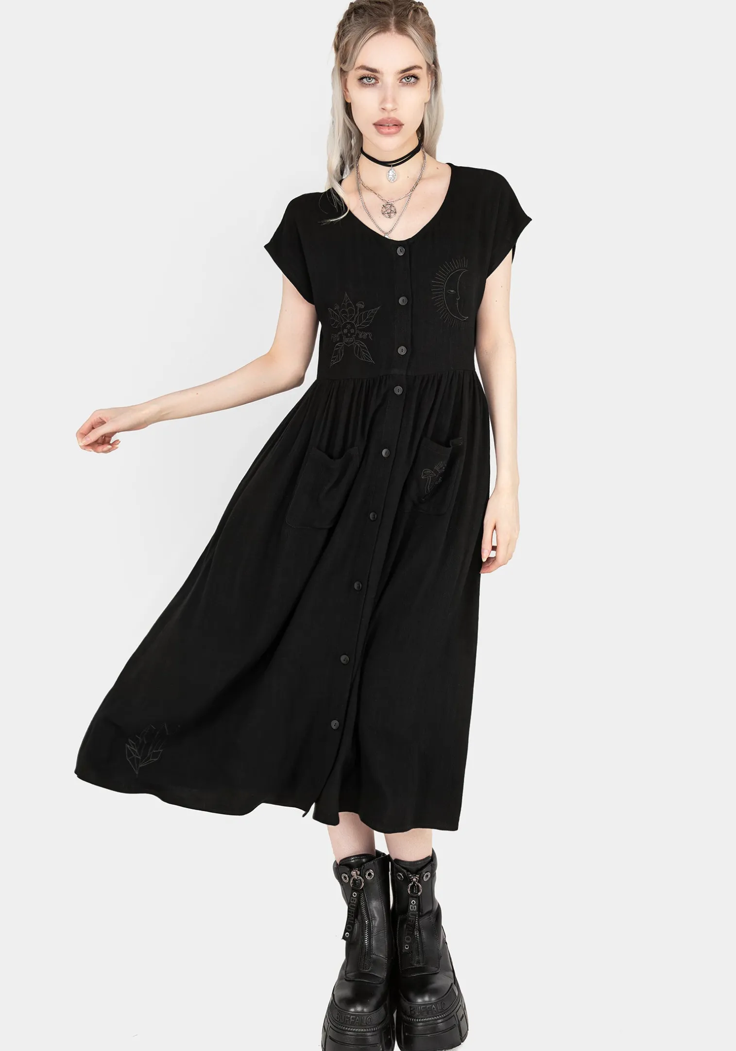 Scutellaria Embroidered Button Up Midi Dress