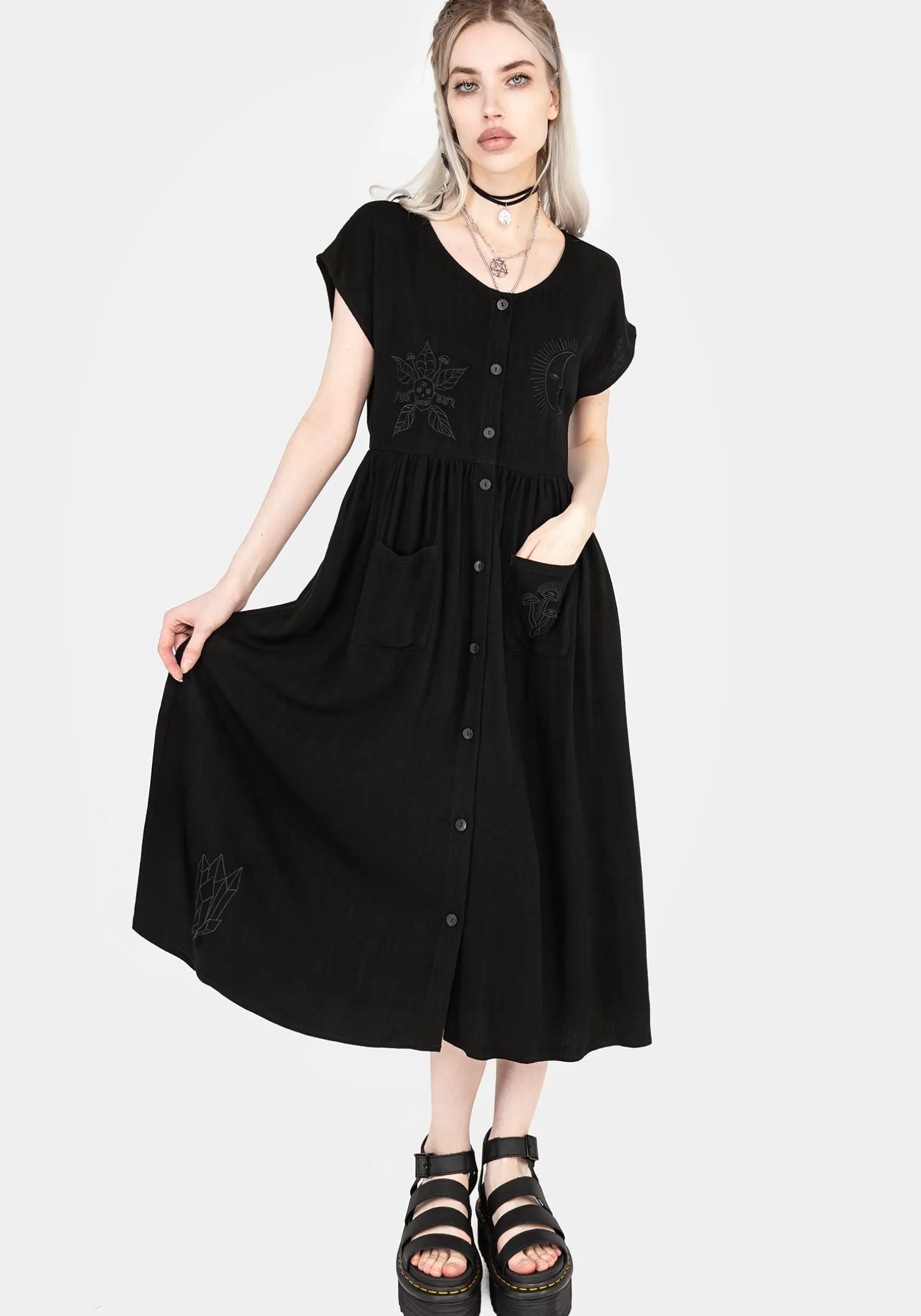 Scutellaria Embroidered Button Up Midi Dress