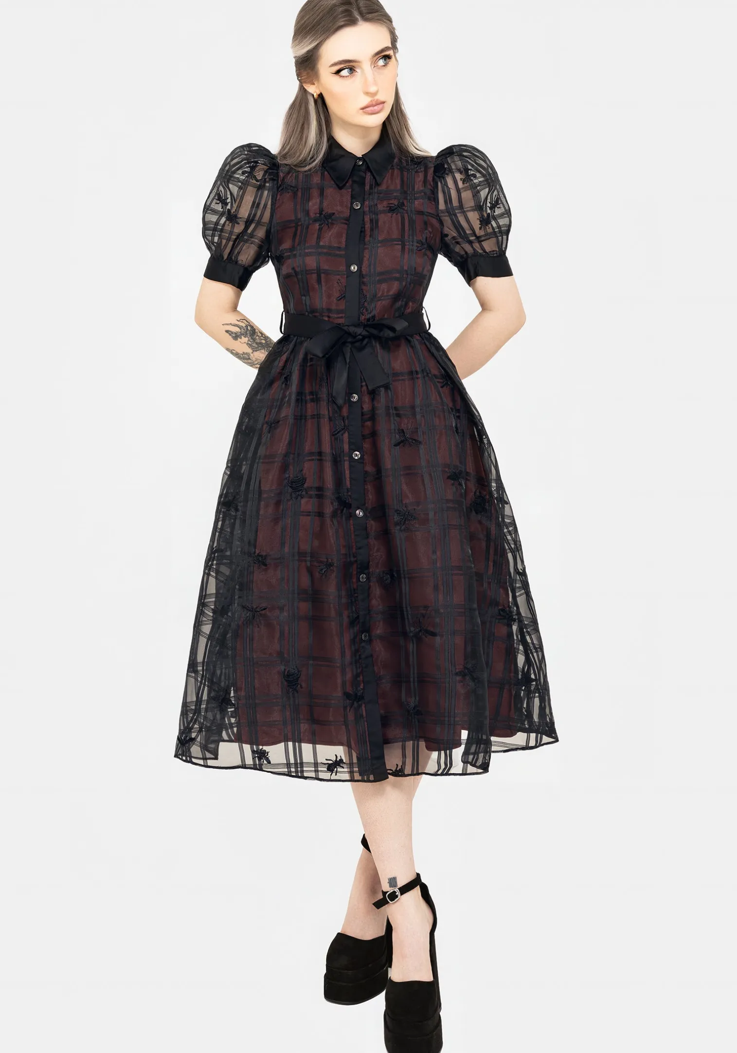 Sedona Organza Check Embroidered Puff Sleeve Midi Shirt Dress