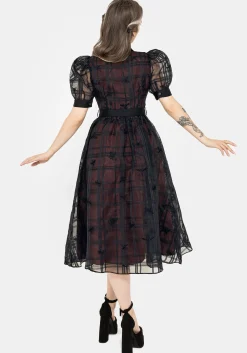 Sedona Organza Check Embroidered Puff Sleeve Midi Shirt Dress