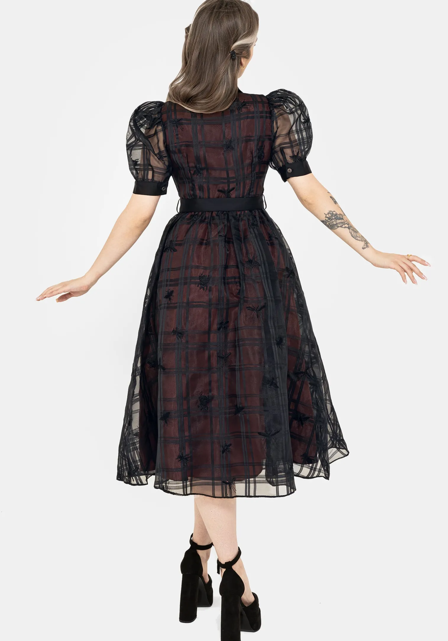 Sedona Organza Check Embroidered Puff Sleeve Midi Shirt Dress