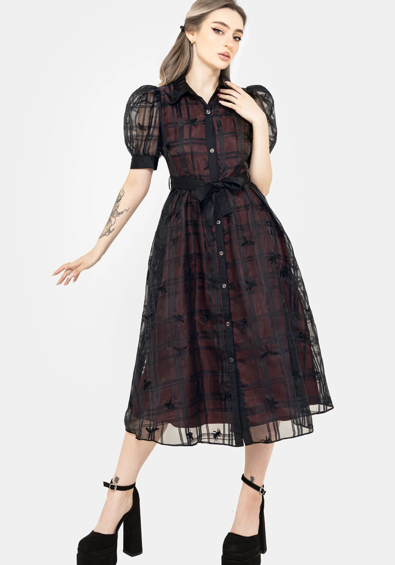 Sedona Organza Check Embroidered Puff Sleeve Midi Shirt Dress