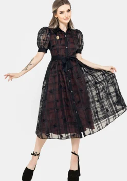 Sedona Organza Check Embroidered Puff Sleeve Midi Shirt Dress