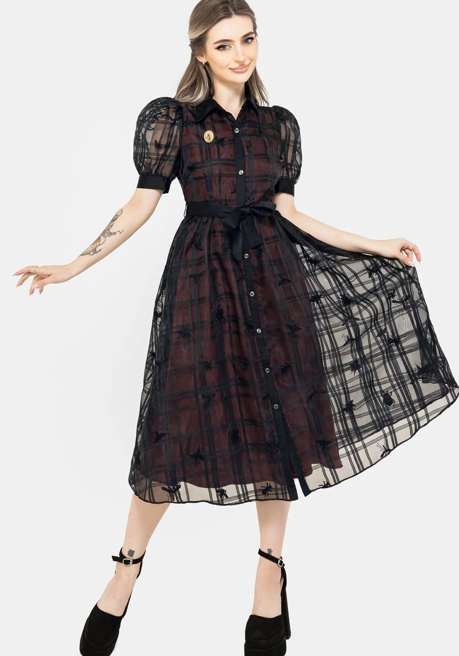 Sedona Organza Check Embroidered Puff Sleeve Midi Shirt Dress