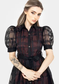Sedona Organza Check Embroidered Puff Sleeve Midi Shirt Dress