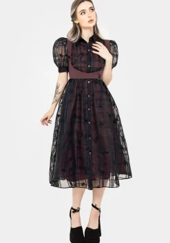 Sedona Organza Check Embroidered Puff Sleeve Midi Shirt Dress