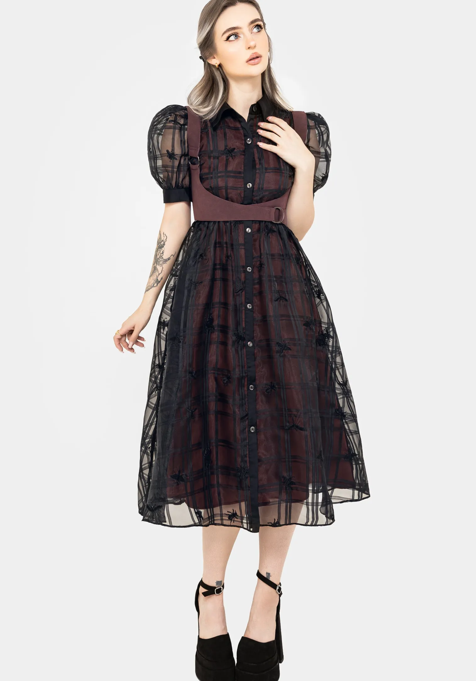 Sedona Organza Check Embroidered Puff Sleeve Midi Shirt Dress