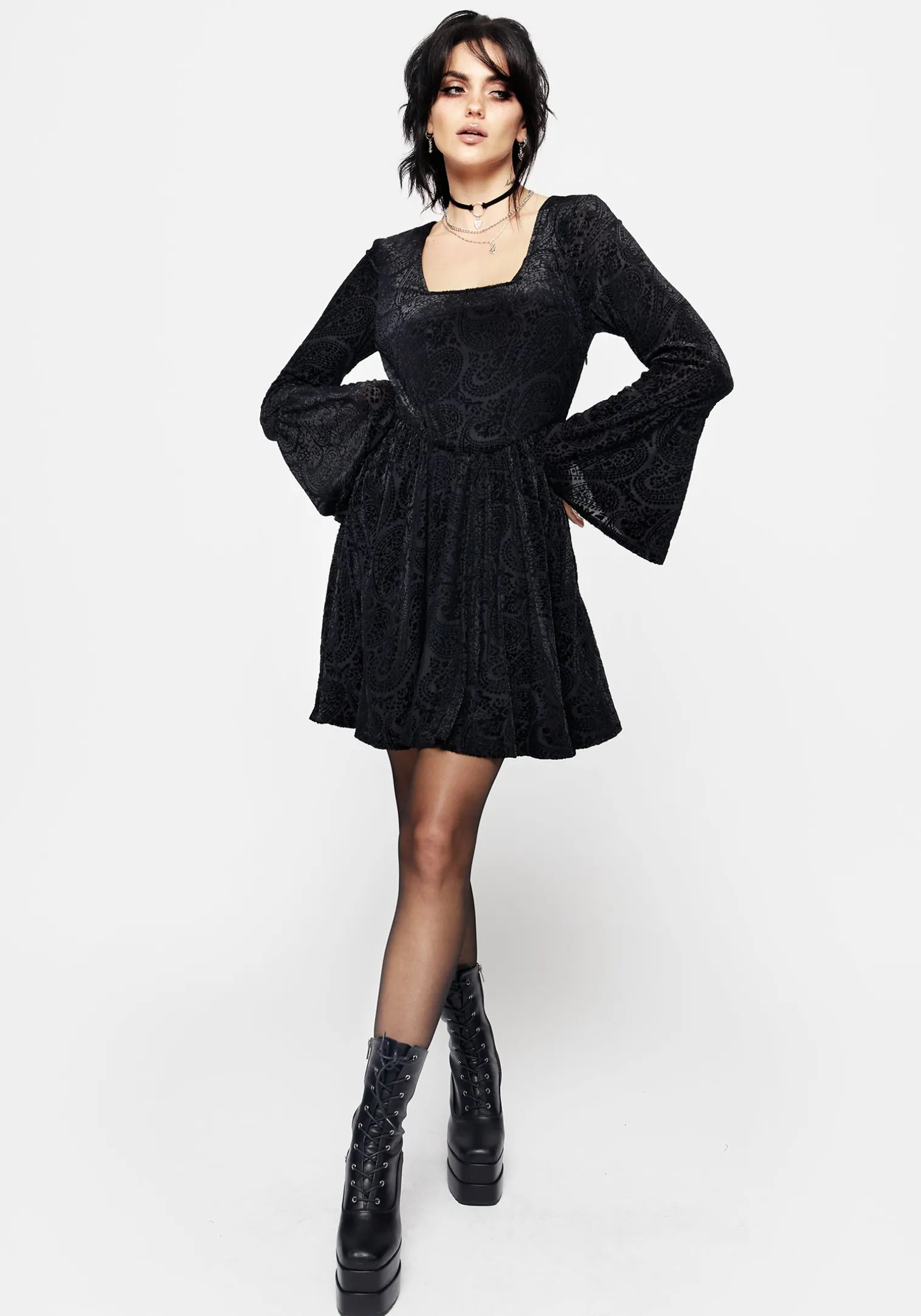 Sempre Velour Devore Corset Mini Dress with Neck Wrap