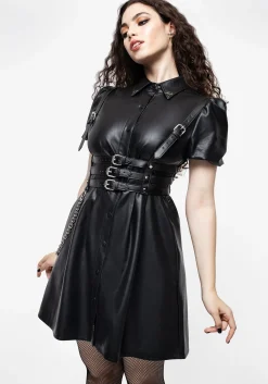 Sharon PU Mini Shirt Dress With Charm