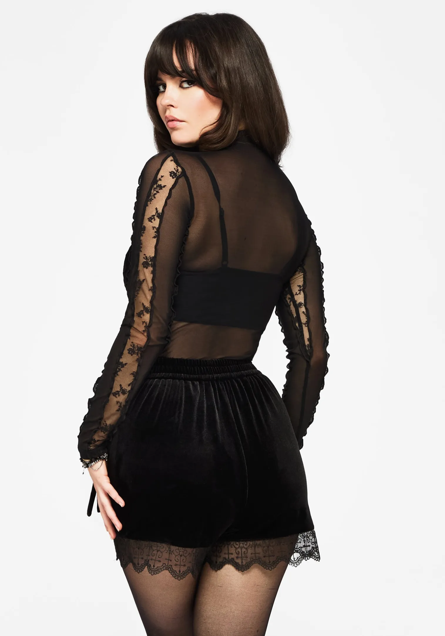 Shesha Lace Stripe Mesh Long Sleeve Top