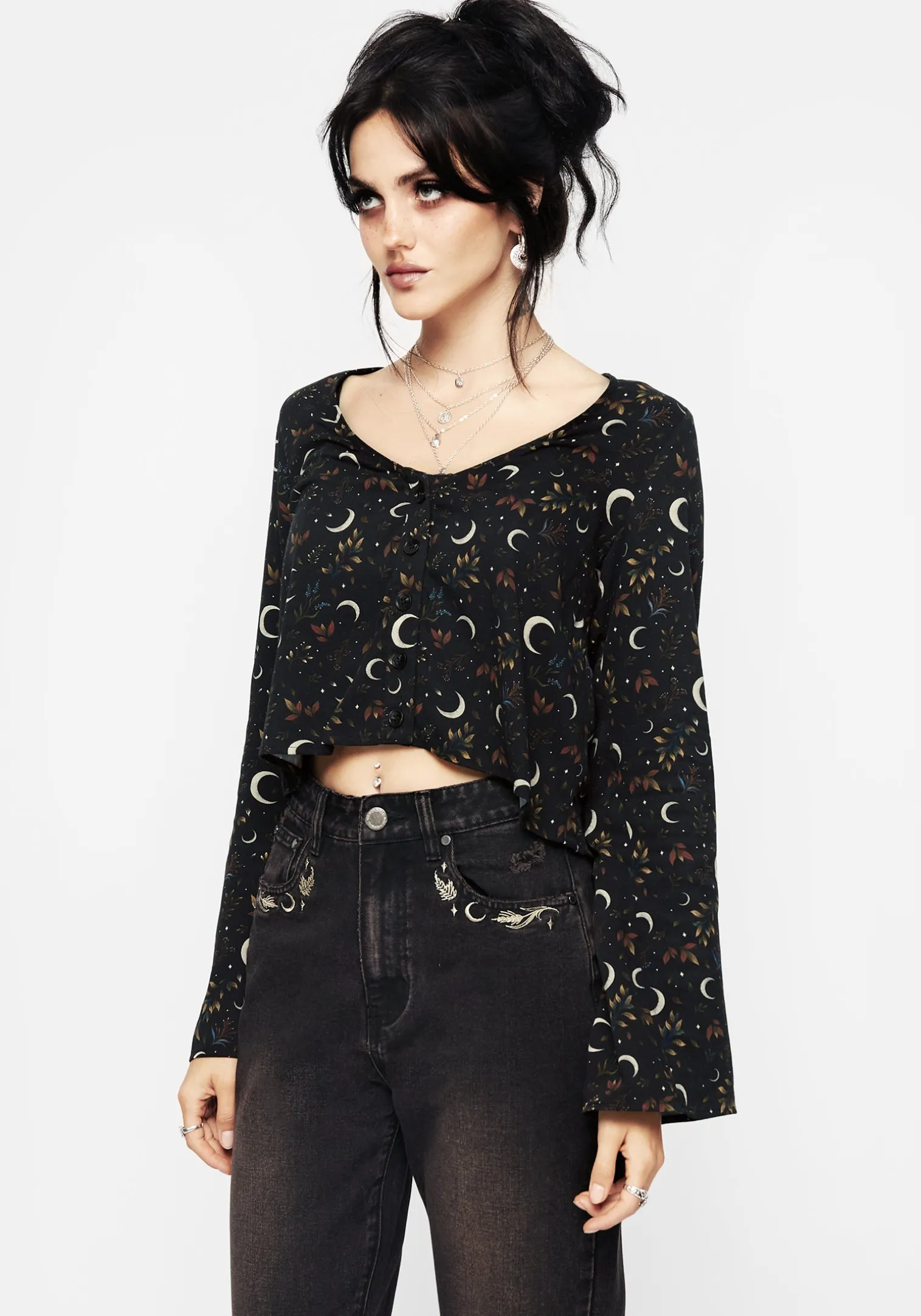 Sickle Moon Flute Sleeve Button Up Top