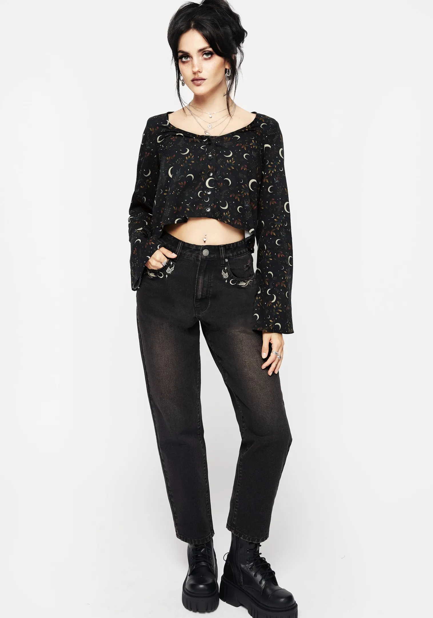 Sickle Moon Flute Sleeve Button Up Top