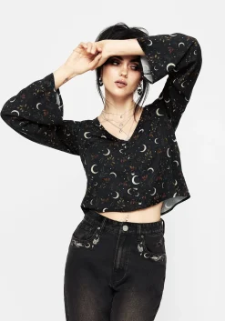 Sickle Moon Flute Sleeve Button Up Top