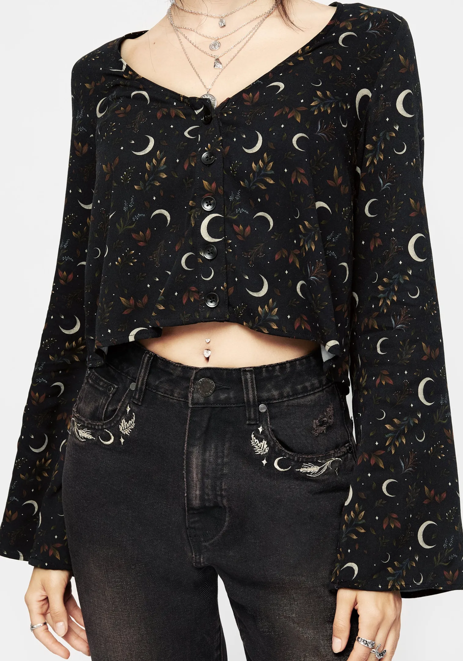 Sickle Moon Flute Sleeve Button Up Top