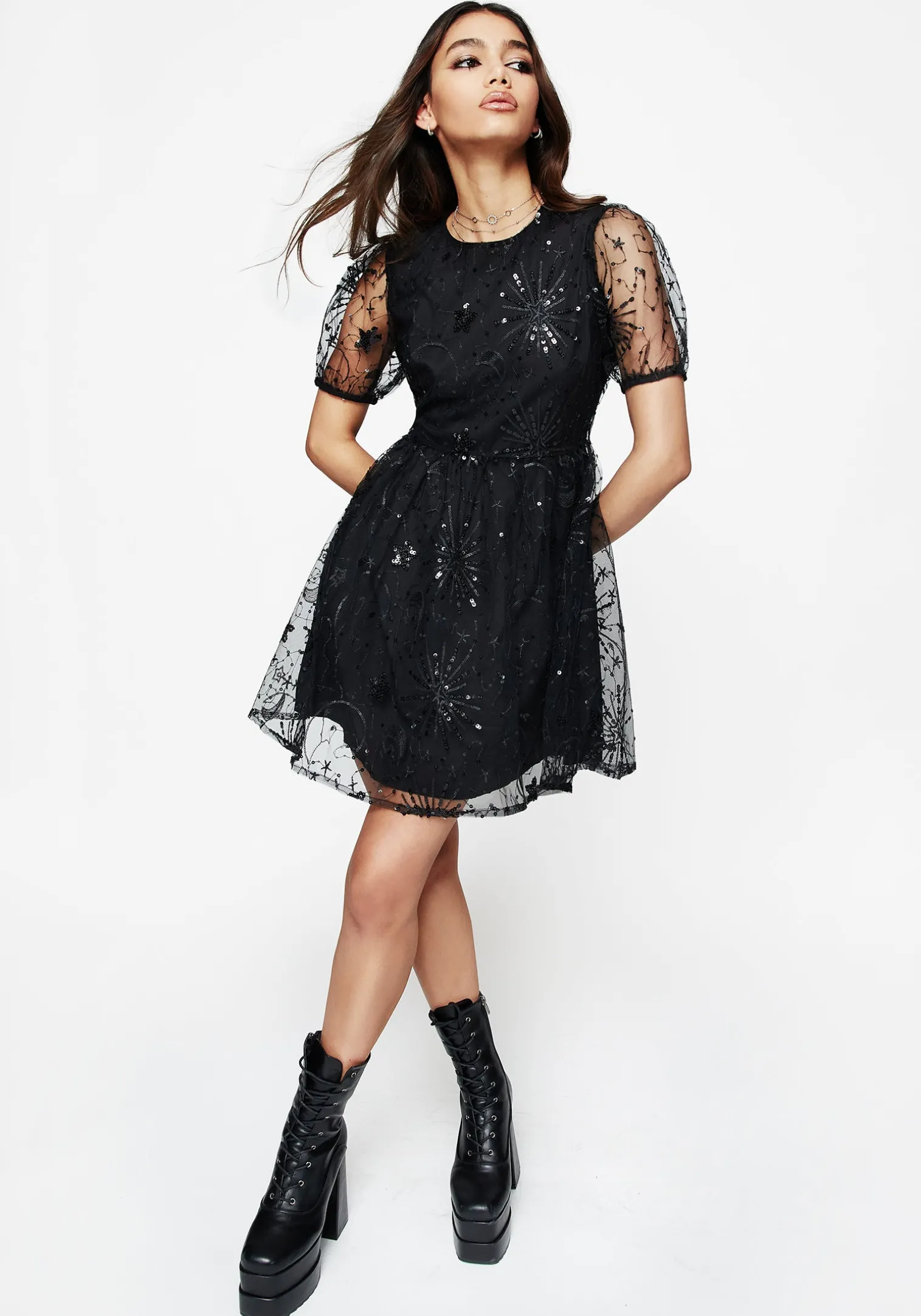 Sirius Sequined Puff Sleeve Mini Dress