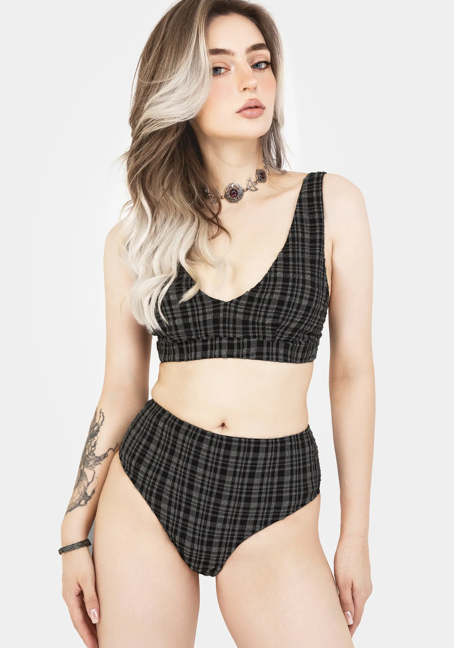 Slate Textured Check Bikini Top