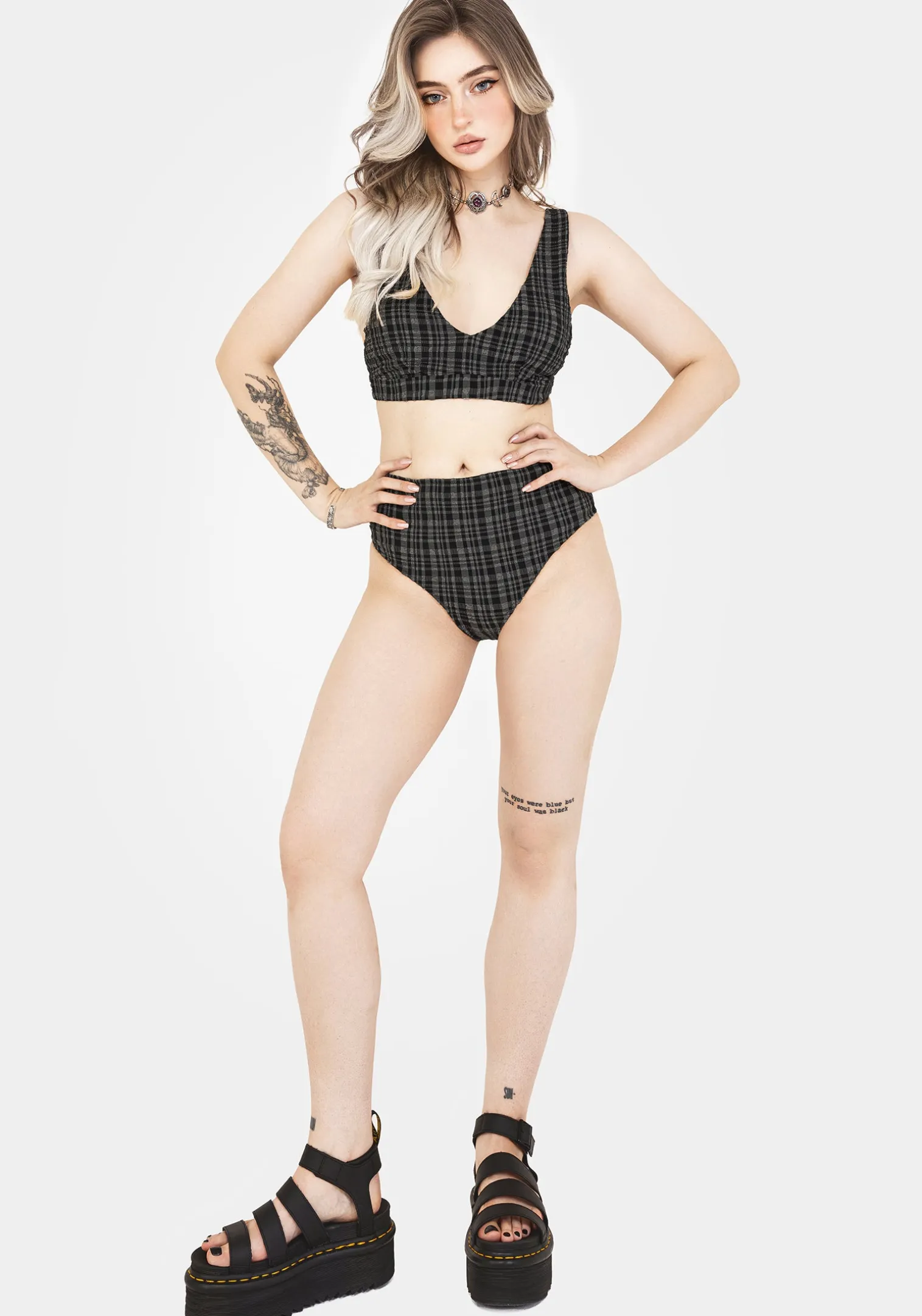 Slate Textured Check Bikini Top