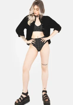 Slate Textured Check High Waist Swim Bottoms