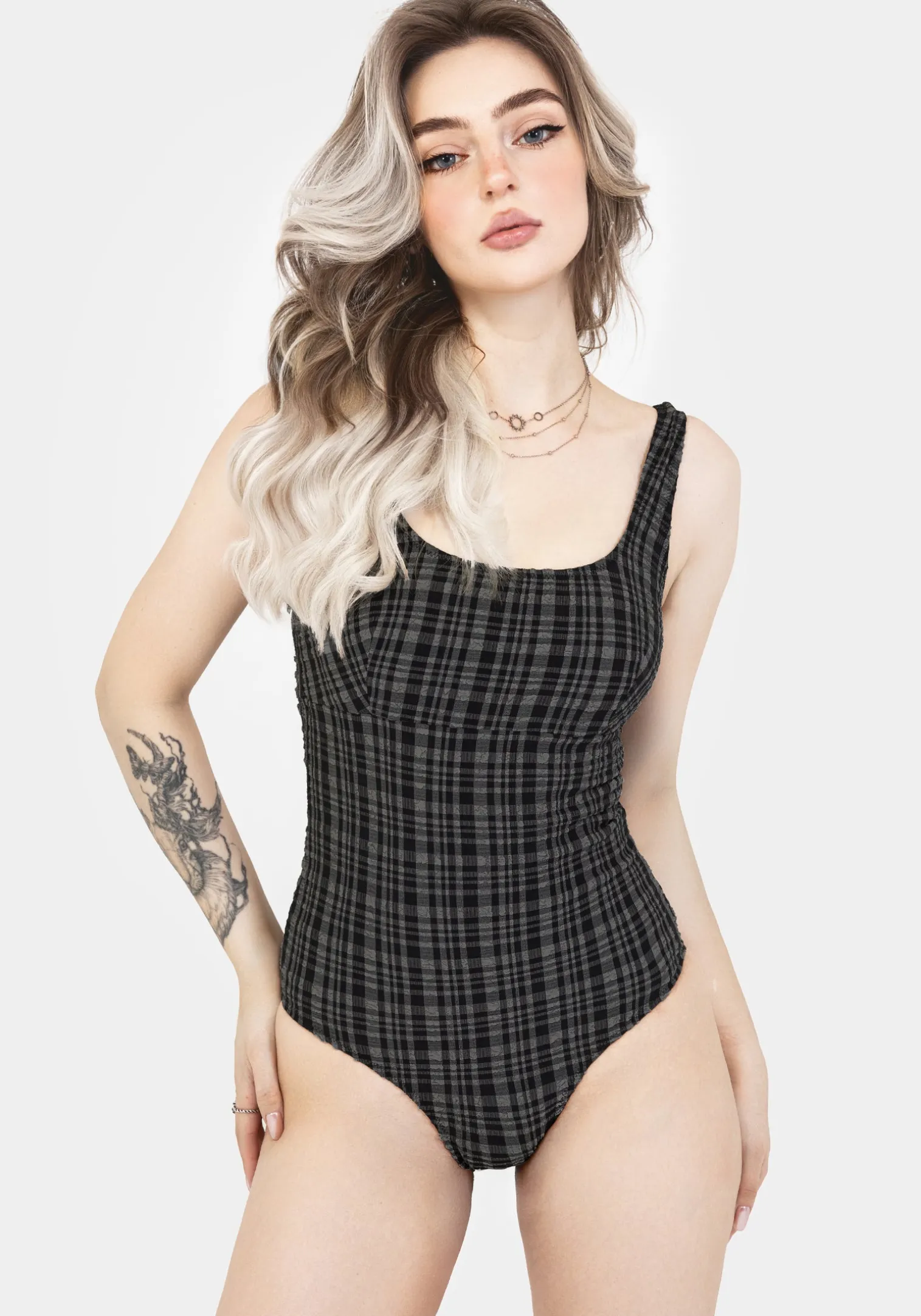 Slate Textured Check Square Neck Swimsuit