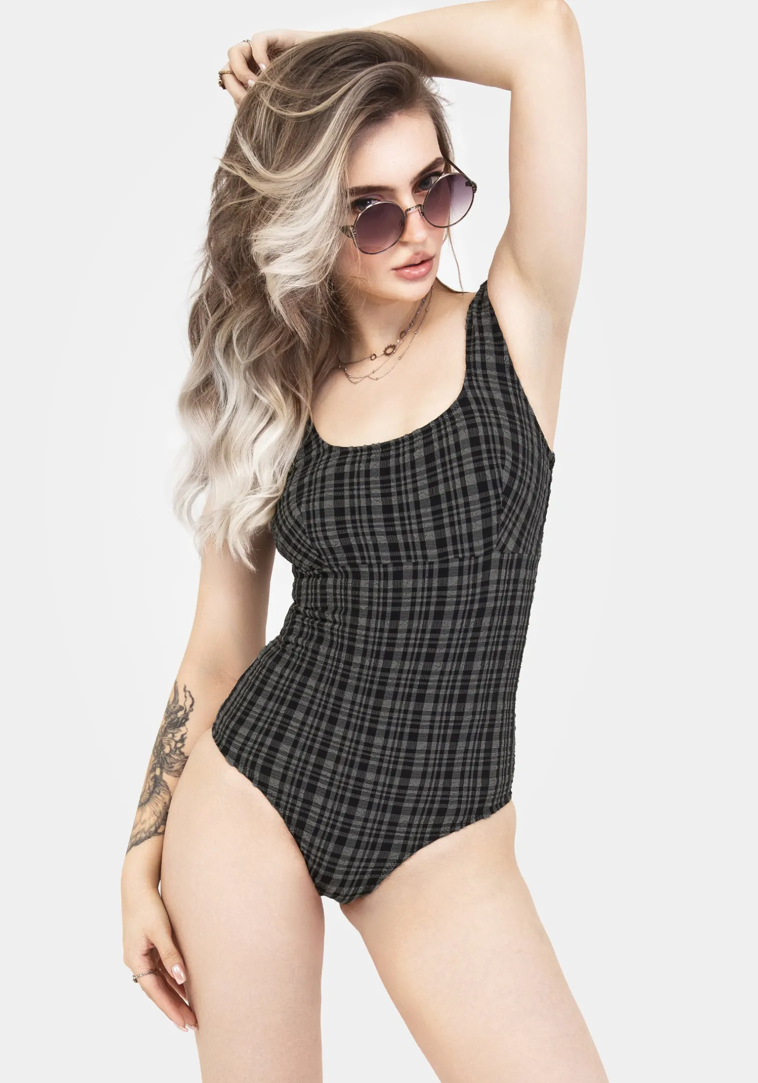 Slate Textured Check Square Neck Swimsuit