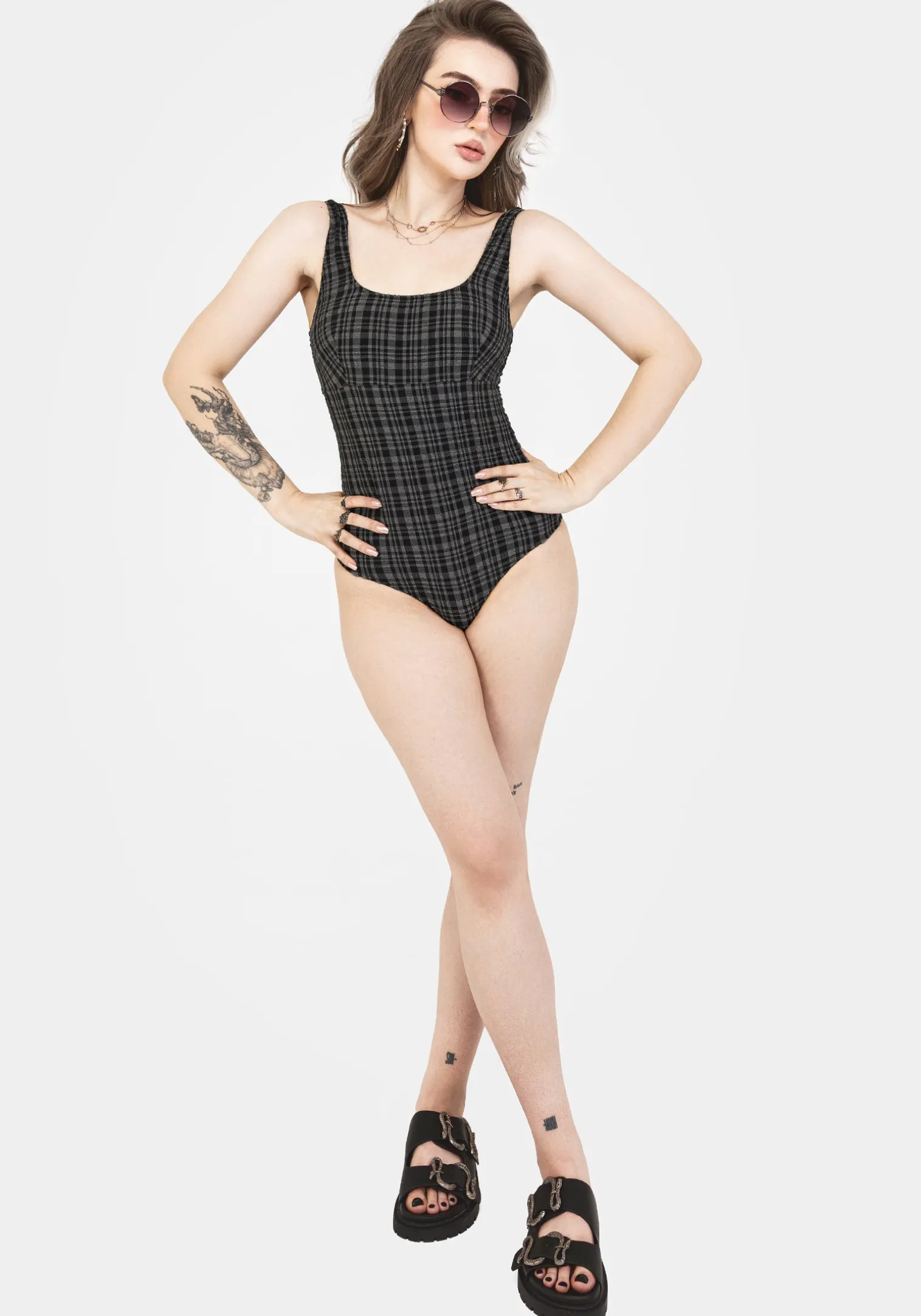 Slate Textured Check Square Neck Swimsuit