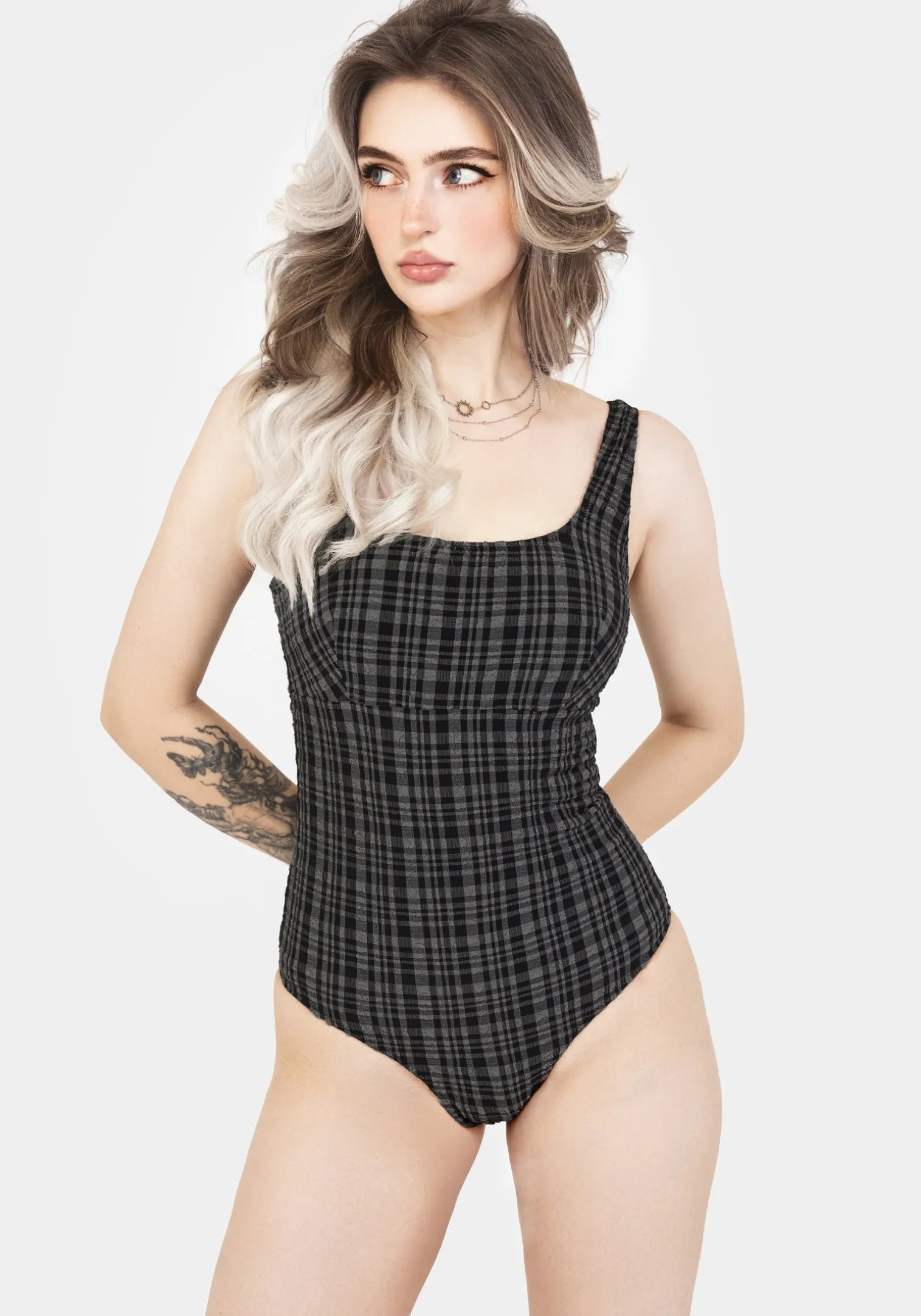 Slate Textured Check Square Neck Swimsuit