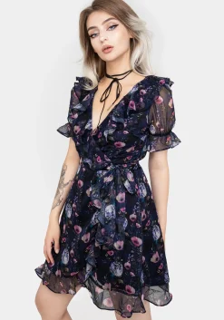 Socordia Floral Moon Chiffon Frill Wrap Mini Dress