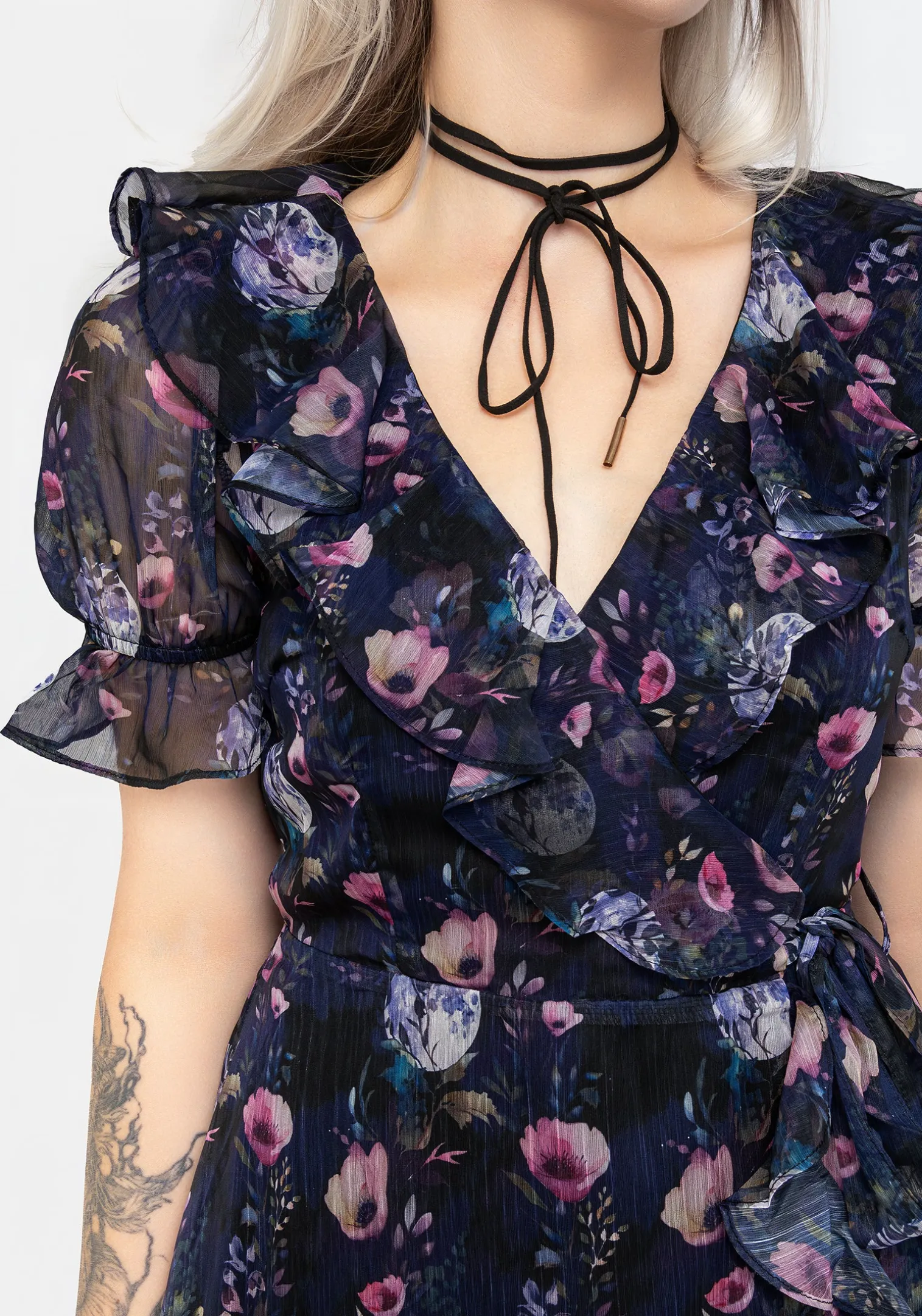 Socordia Floral Moon Chiffon Frill Wrap Mini Dress