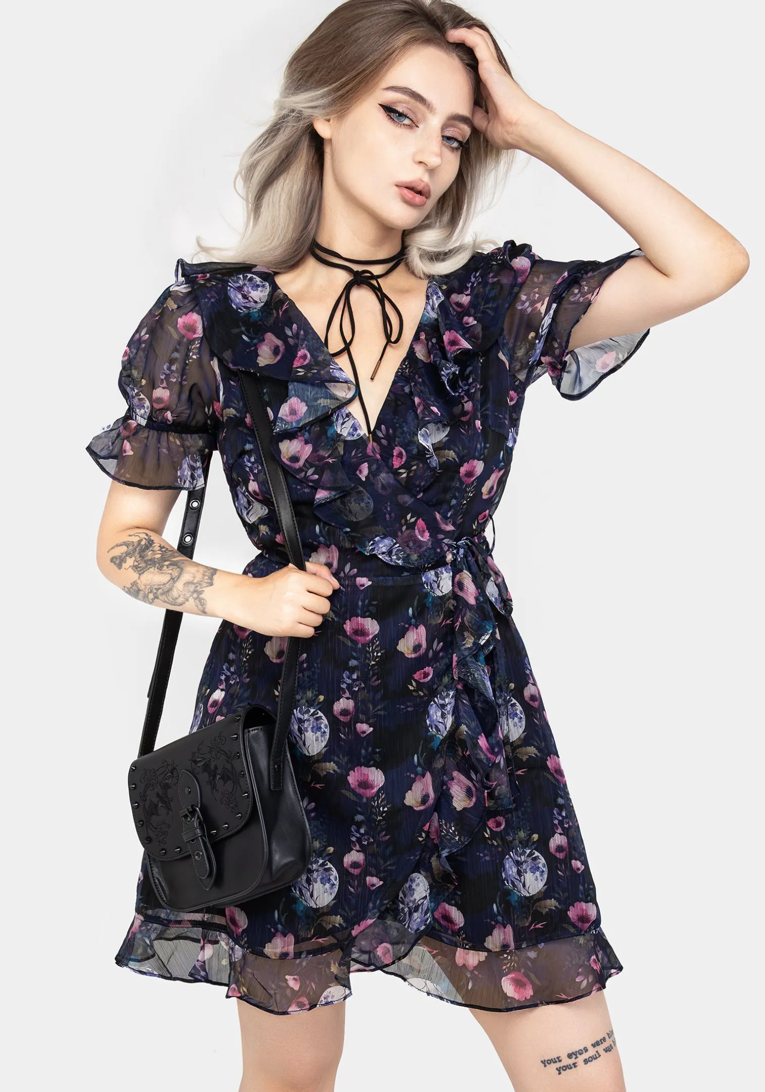 Socordia Floral Moon Chiffon Frill Wrap Mini Dress