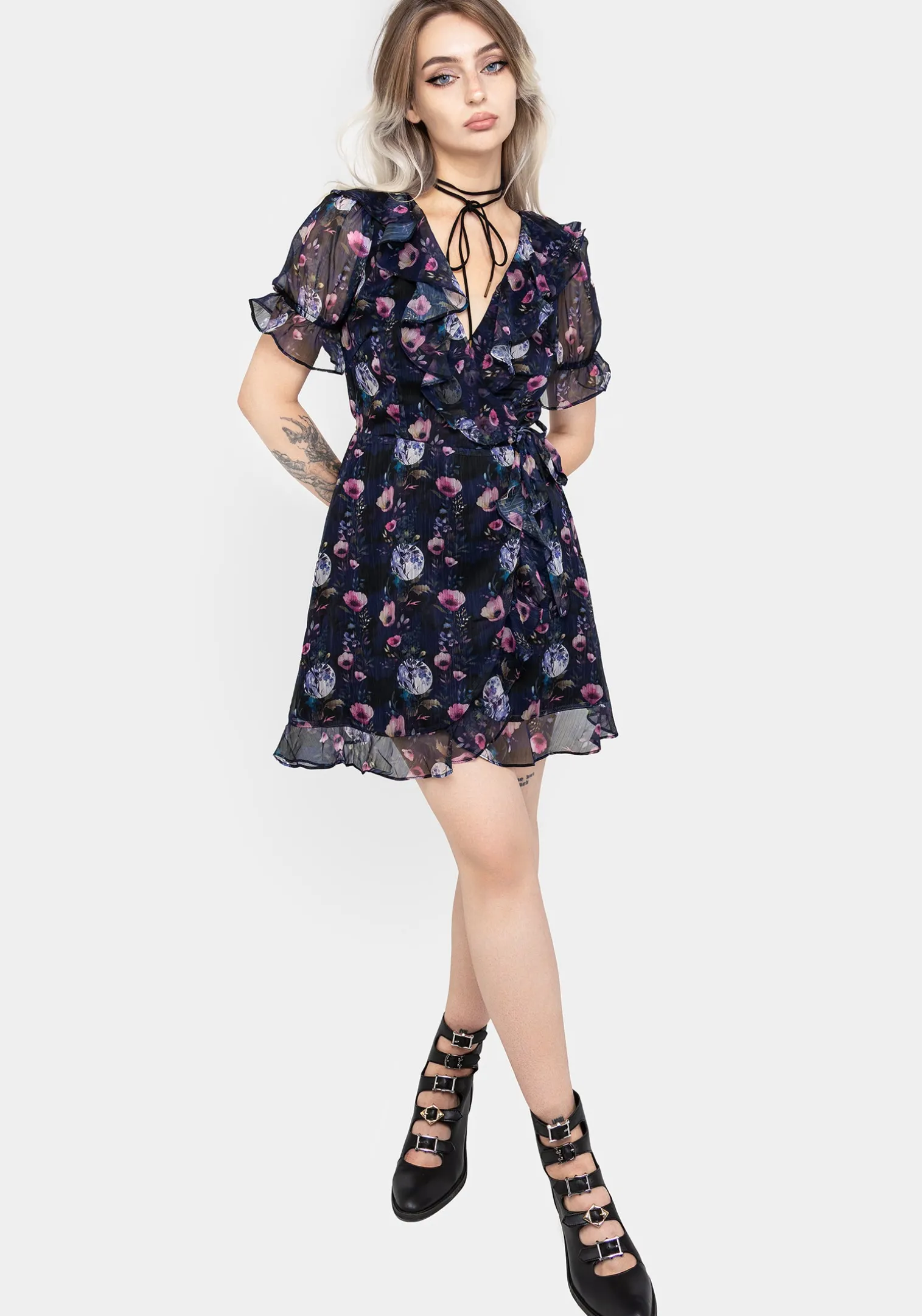 Socordia Floral Moon Chiffon Frill Wrap Mini Dress
