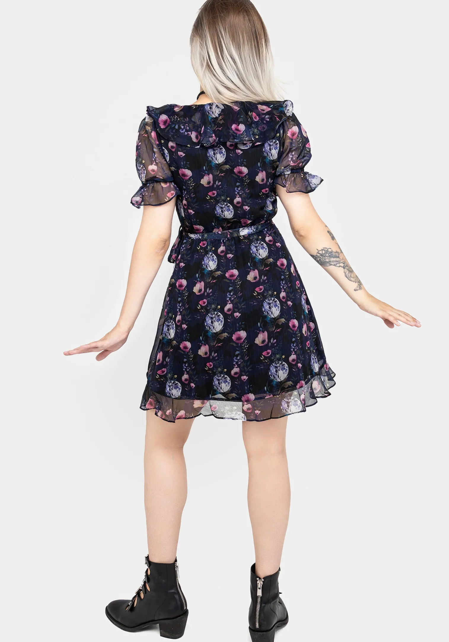Socordia Floral Moon Chiffon Frill Wrap Mini Dress
