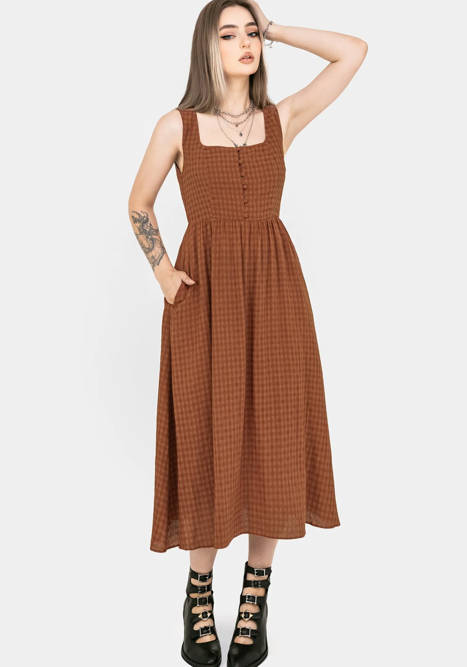 Soleil Cotton-Blend Check Cami Midi Dress