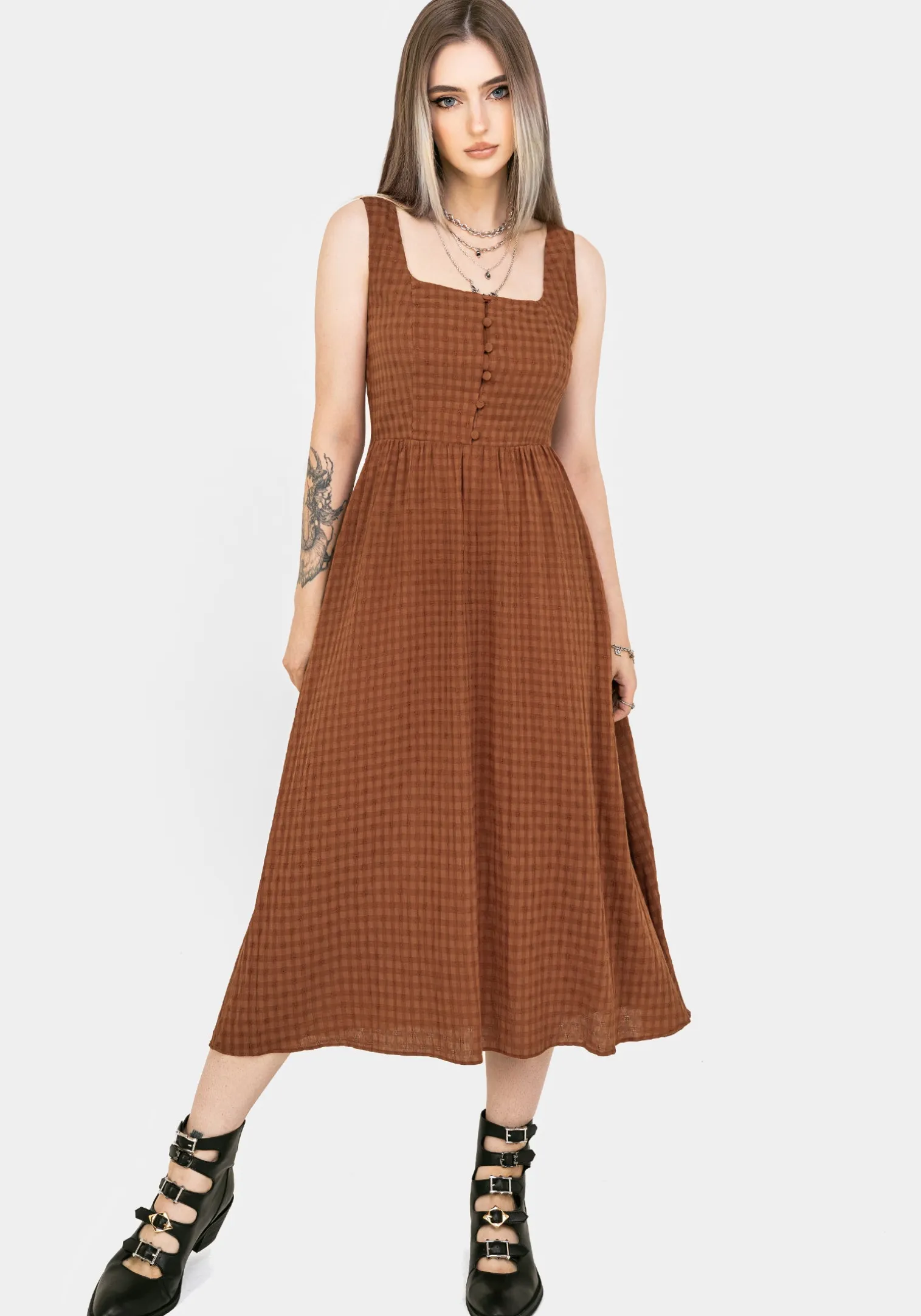 Soleil Cotton-Blend Check Cami Midi Dress