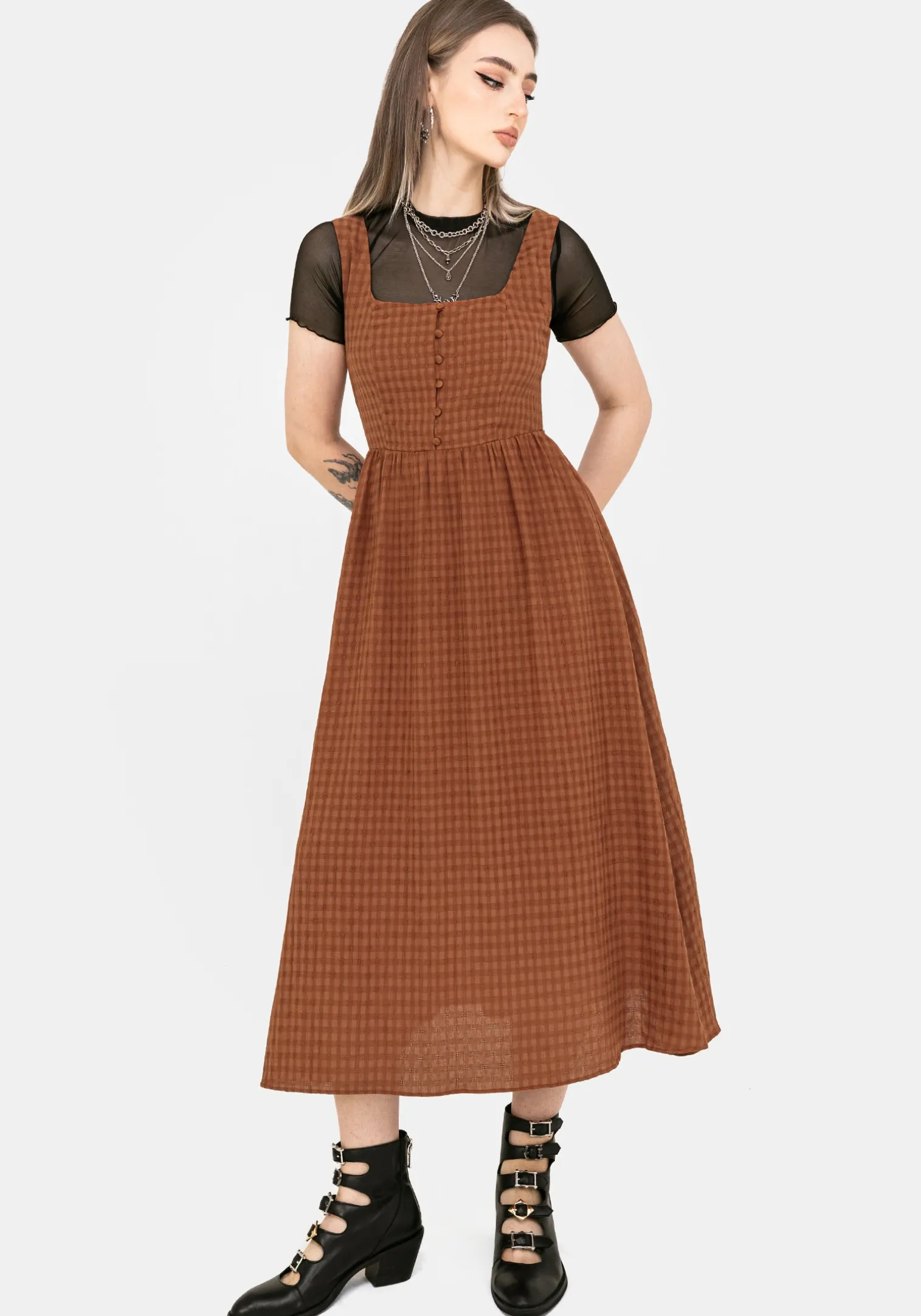 Soleil Cotton-Blend Check Cami Midi Dress