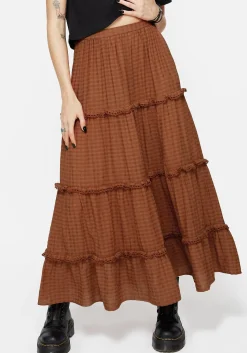 Soleil Cotton-Blend Check Tiered Maxi Skirt