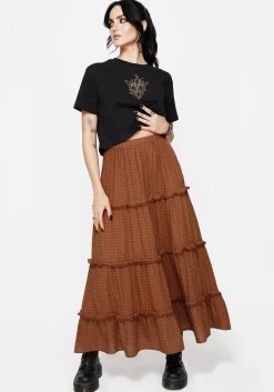 Soleil Cotton-Blend Check Tiered Maxi Skirt