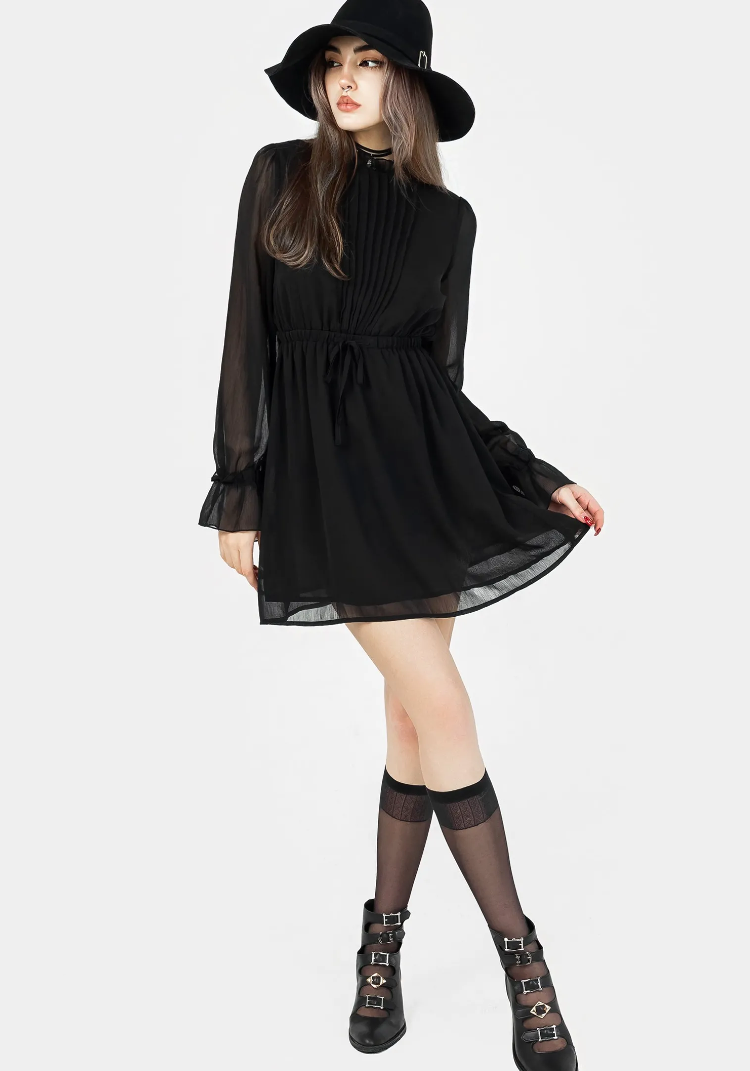 Spirit Sheer Pintuck Ruffle Mini Dress