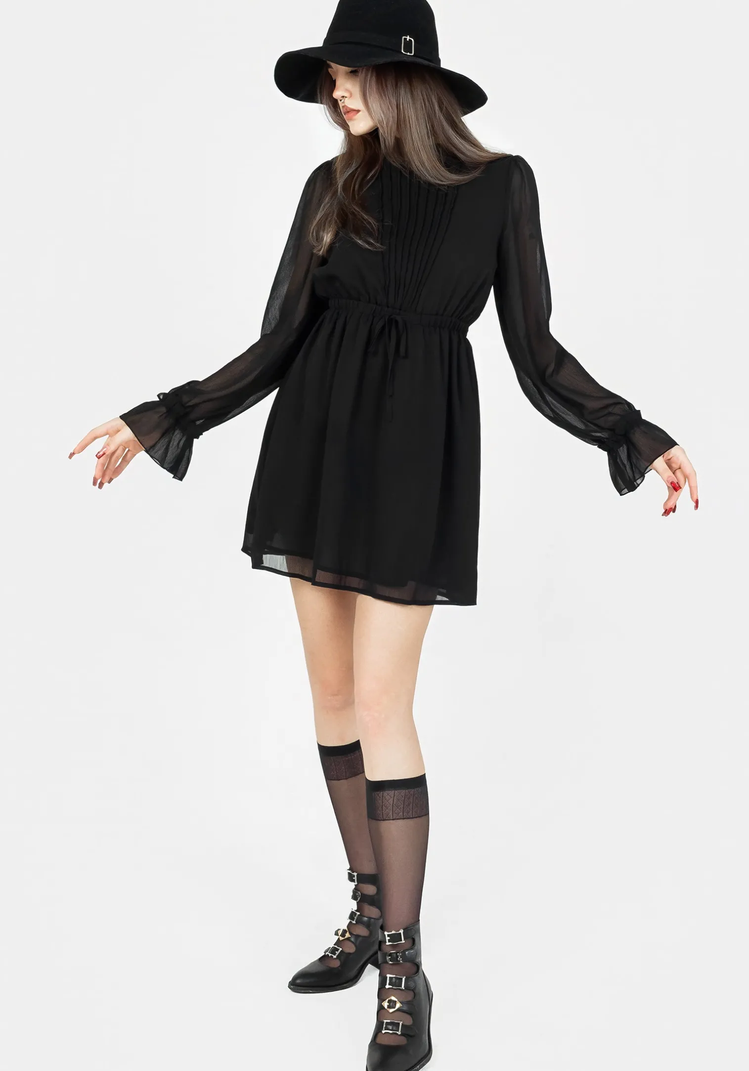Spirit Sheer Pintuck Ruffle Mini Dress