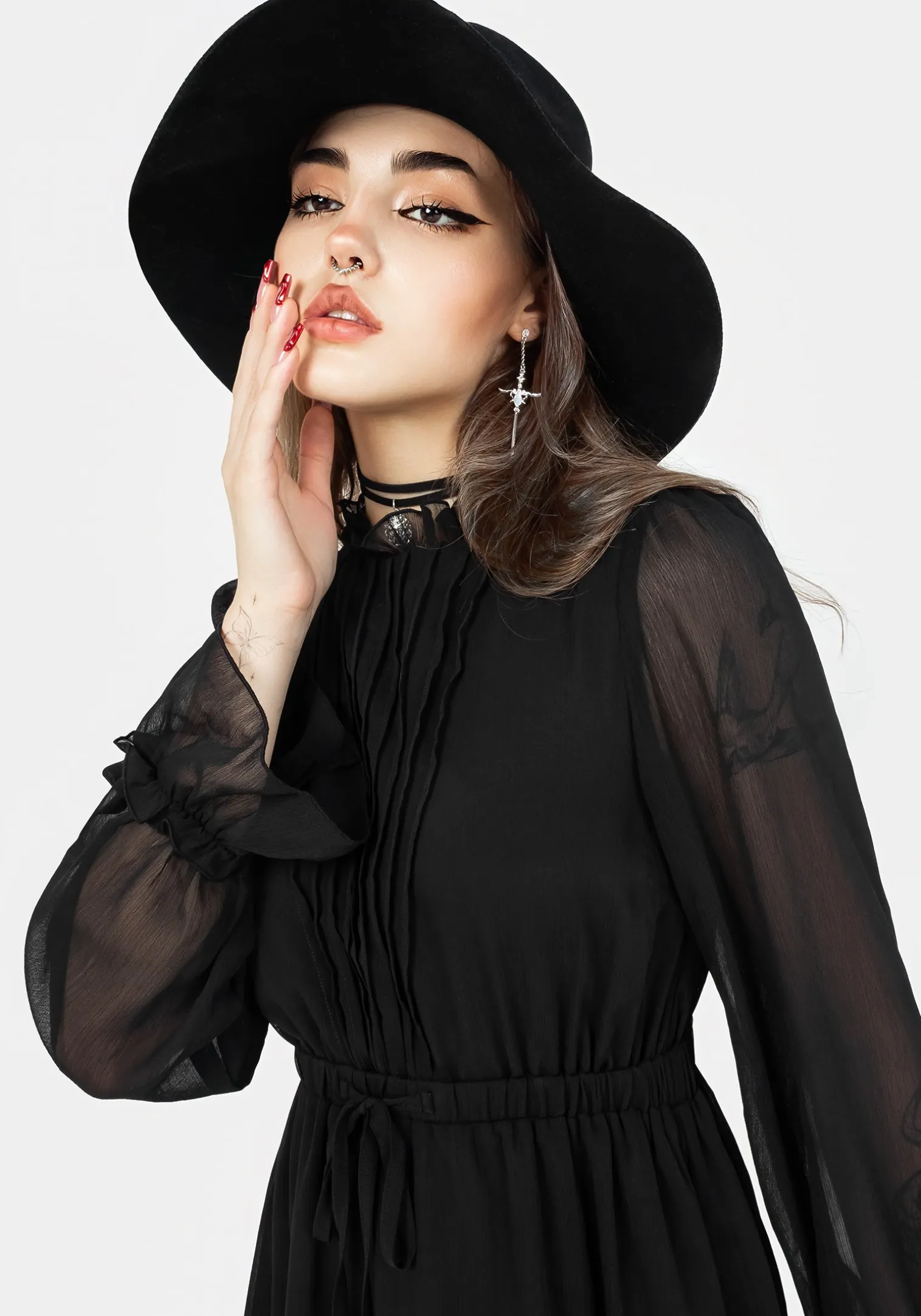 Spirit Sheer Pintuck Ruffle Mini Dress