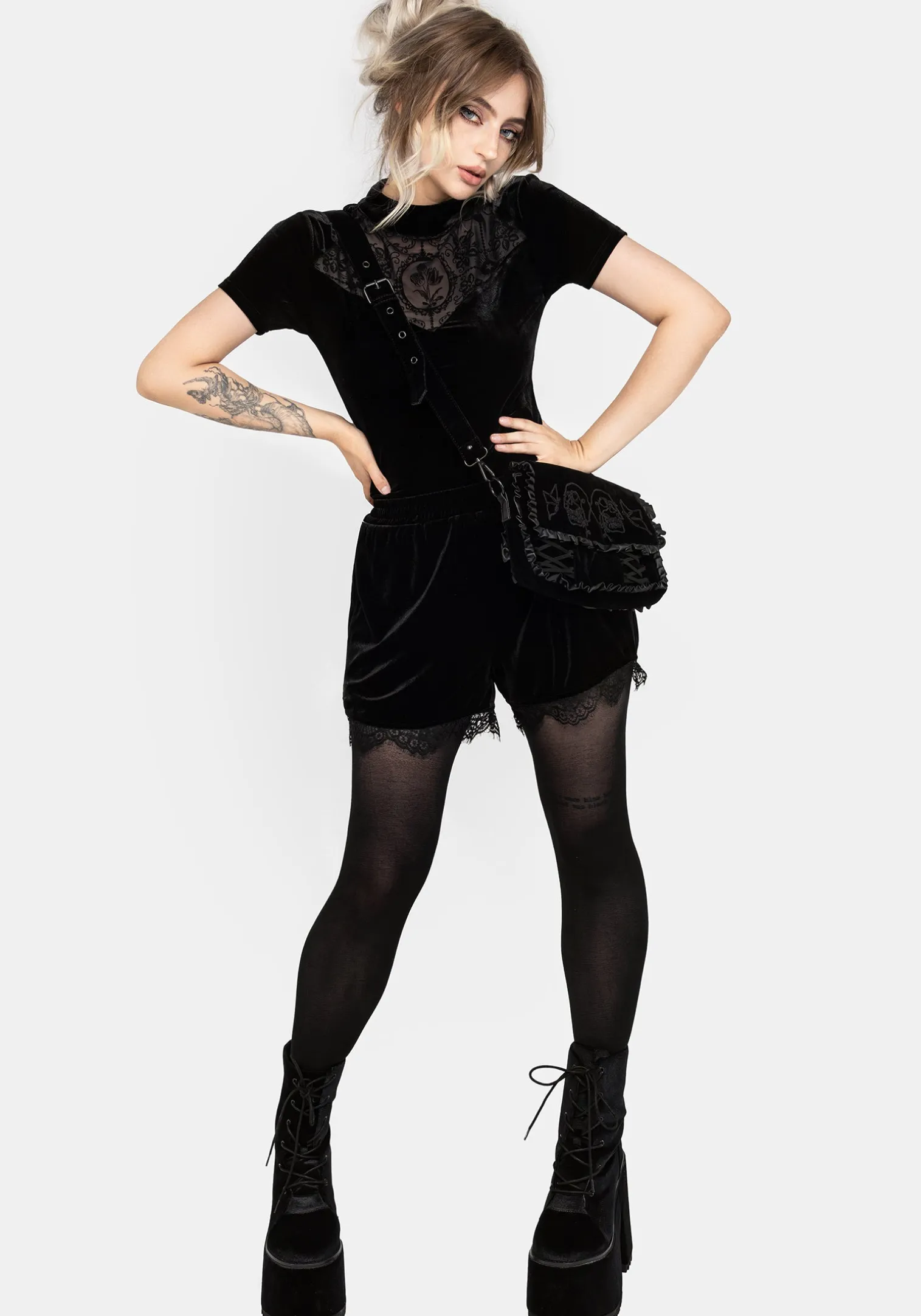 Spydre Lace Hem Velour Shorts