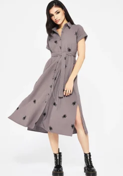 Stag Beetle Embroidered Midi Shirt Dress