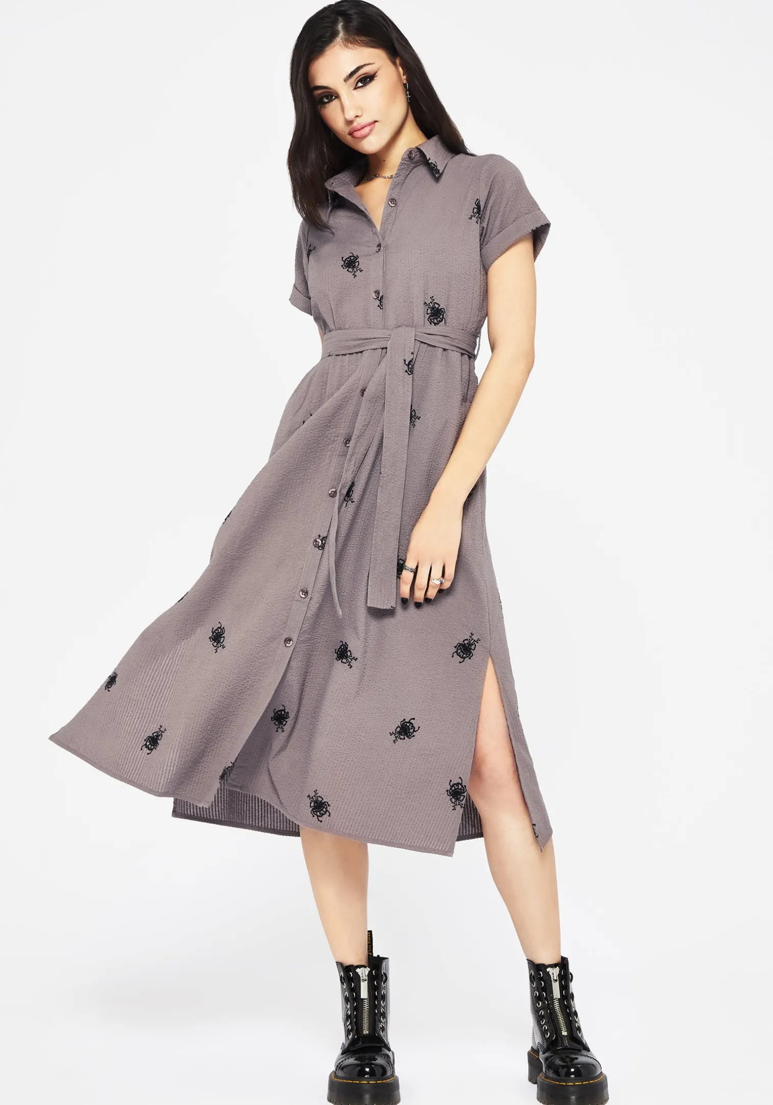 Stag Beetle Embroidered Midi Shirt Dress