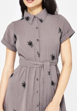 Stag Beetle Embroidered Midi Shirt Dress