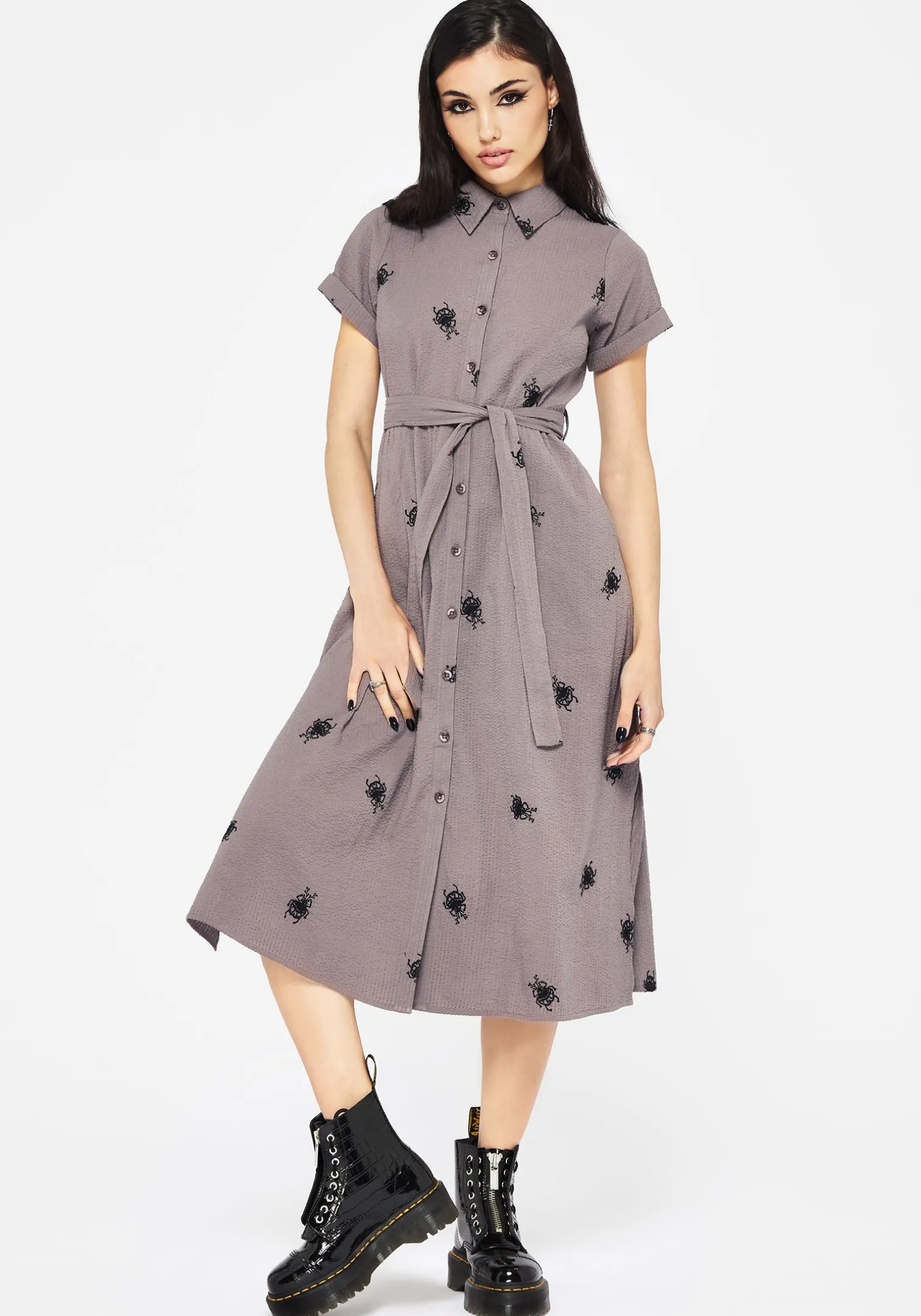 Stag Beetle Embroidered Midi Shirt Dress
