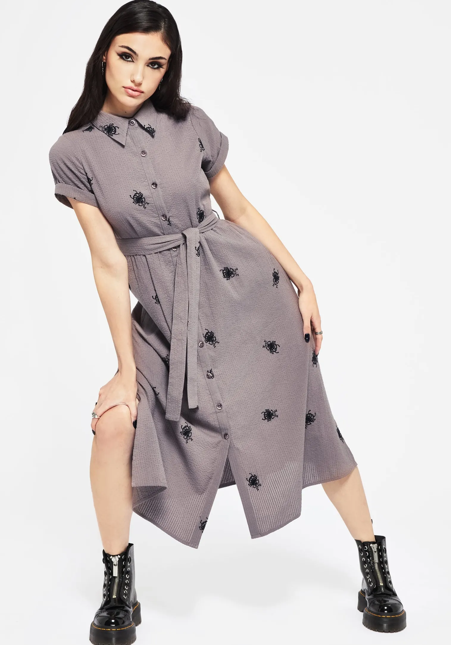 Stag Beetle Embroidered Midi Shirt Dress