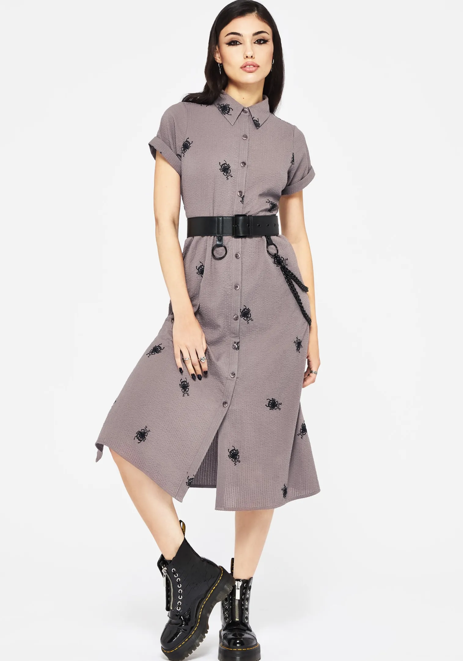 Stag Beetle Embroidered Midi Shirt Dress