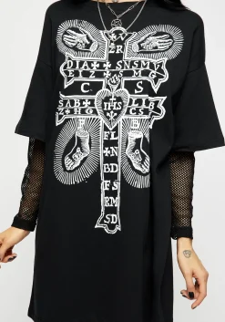 Stigmata Layered Fishnet Sleeve Tee Dress