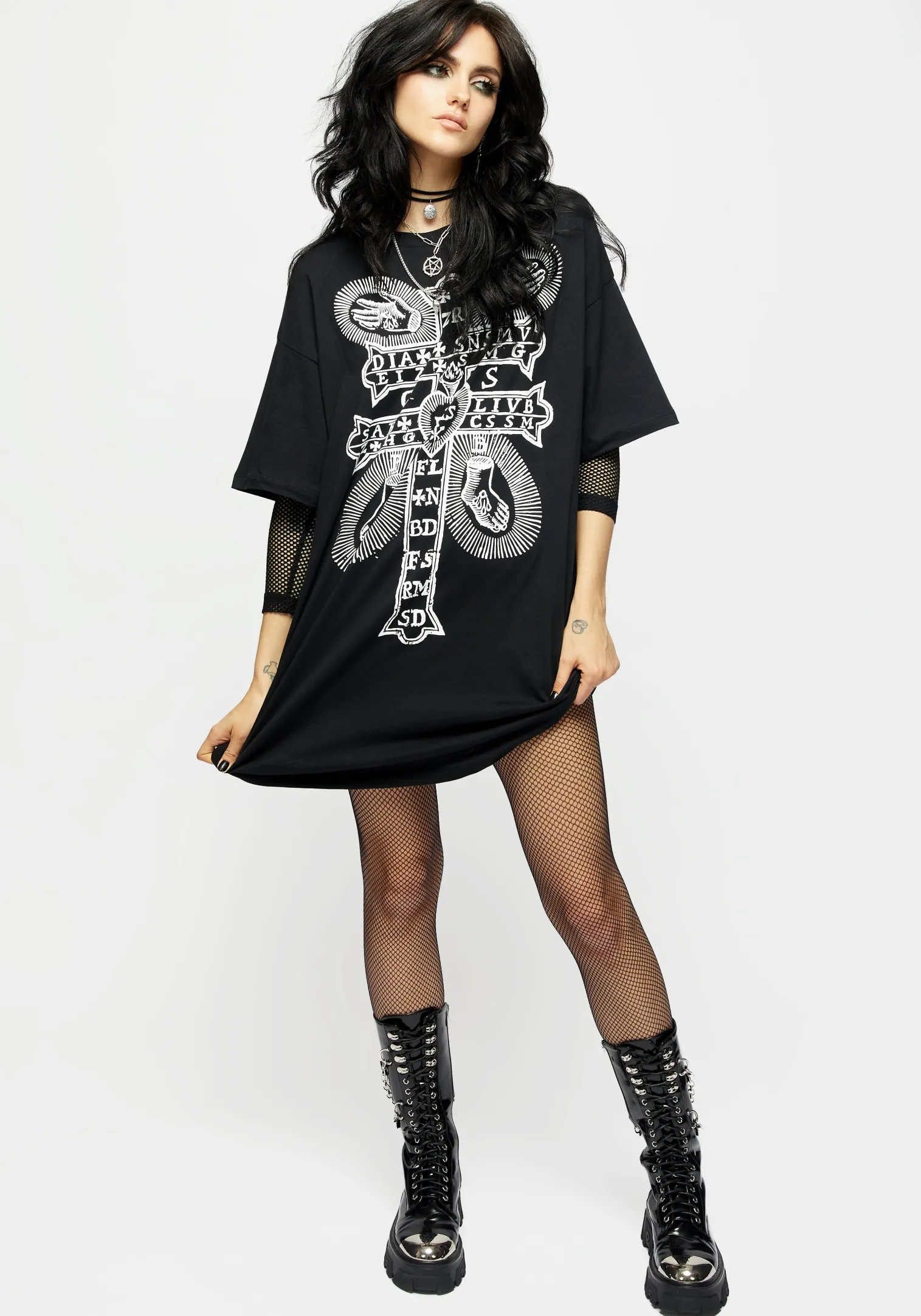 Stigmata Layered Fishnet Sleeve Tee Dress