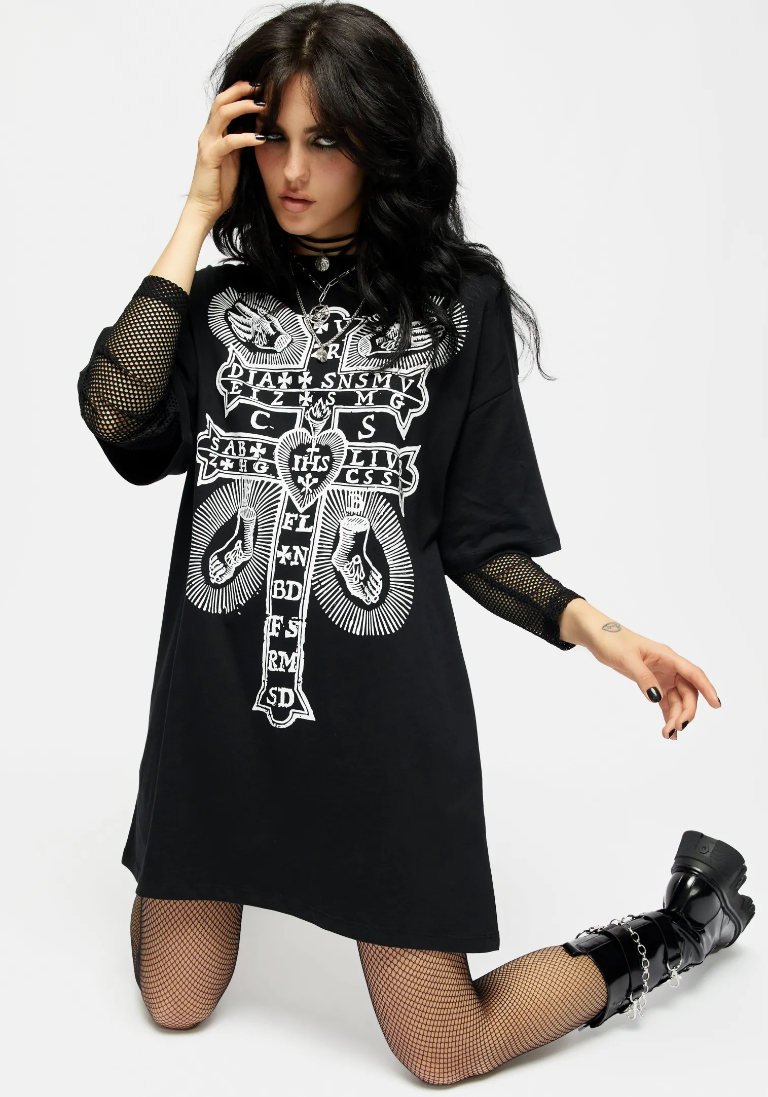 Stigmata Layered Fishnet Sleeve Tee Dress